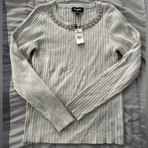 EXPRESS Ribbed Gray Sweater with Jeweled Collar